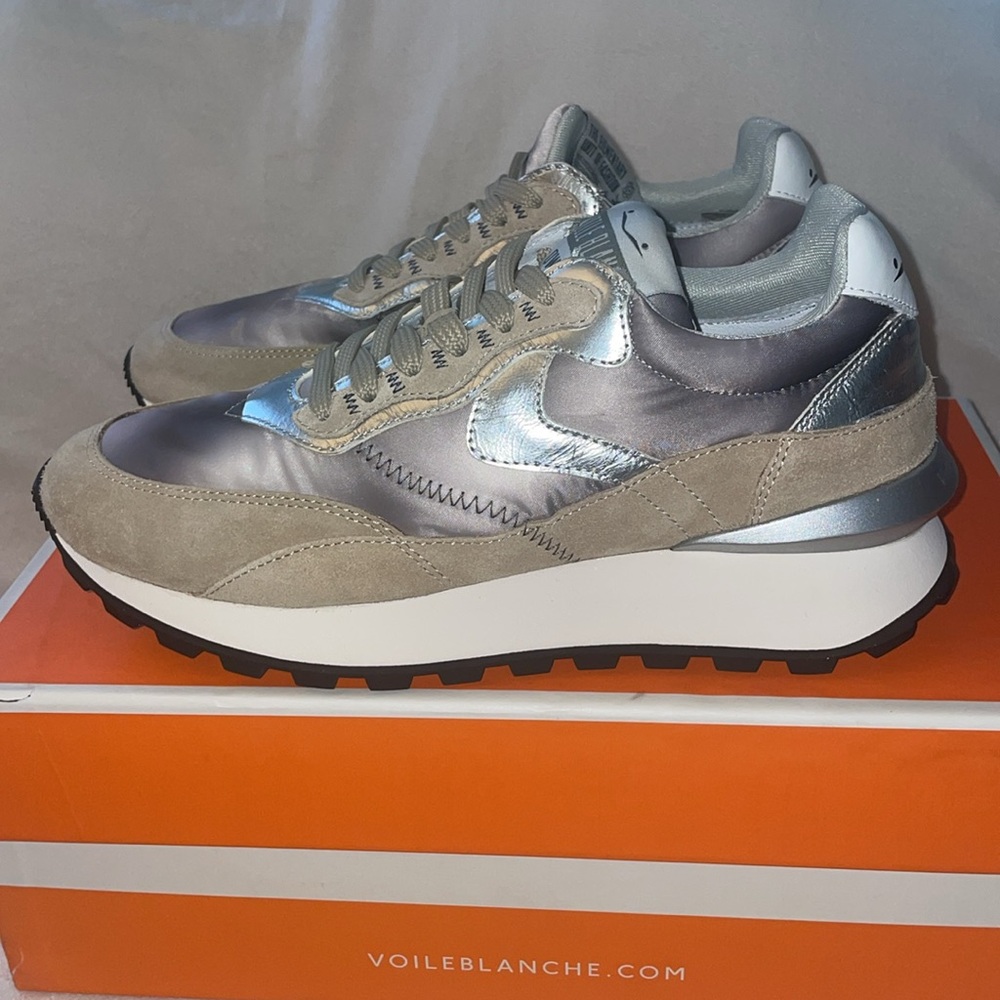 NWT VOILE BLANCHE QWARK HYPE WOMAN Leather and Fabric Sneakers in Grey-Beige - Picture 13 of 15